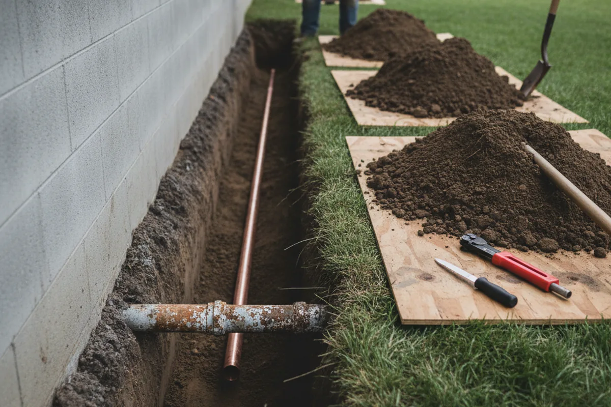 Excavated water line trench during Sewer Line Repair in Willis